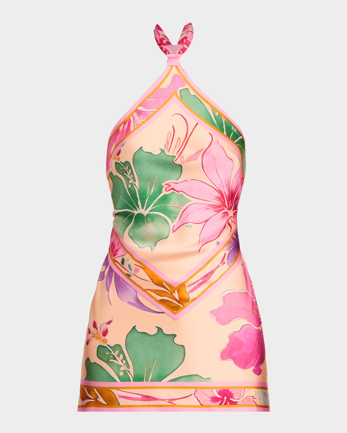 Retrofête Adelaide Floral Silk Knotted Halter Overlay Mini Dress