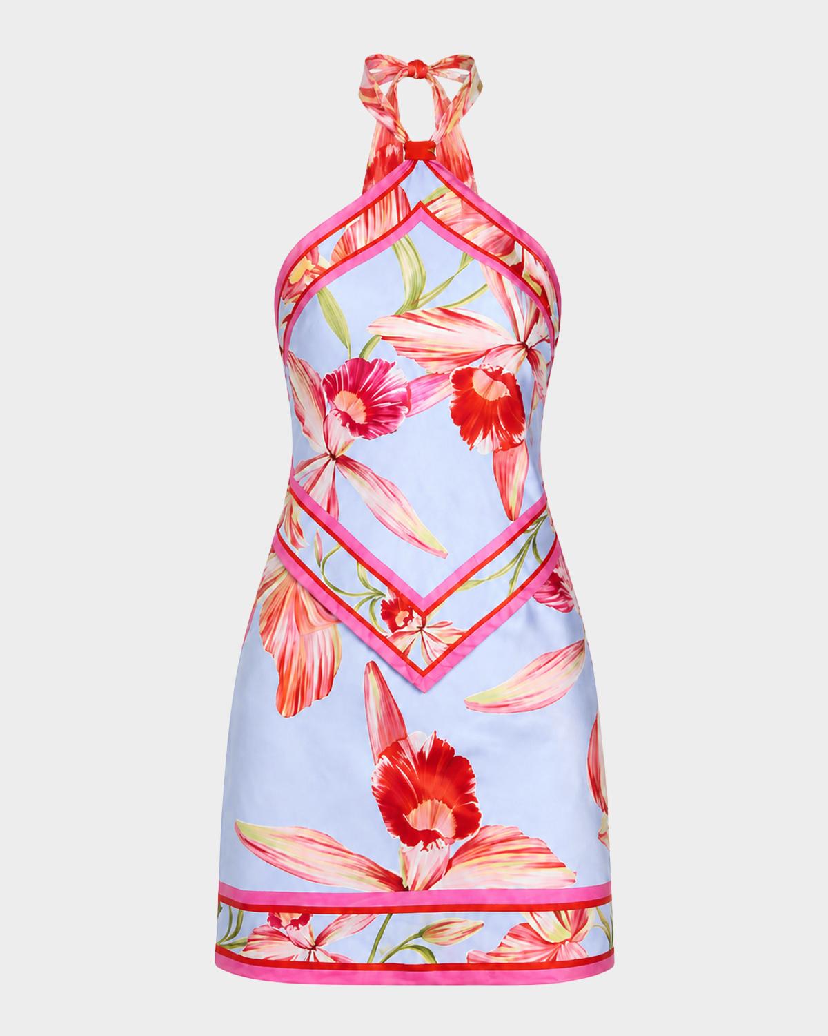 Retrofête Adelaide Floral Silk Knotted Halter Overlay Mini Dress