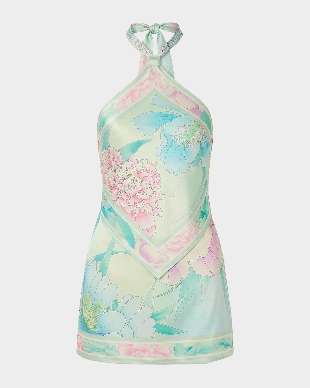 Retrofête Adelaide Floral Silk Knotted Halter Overlay Mini Dress