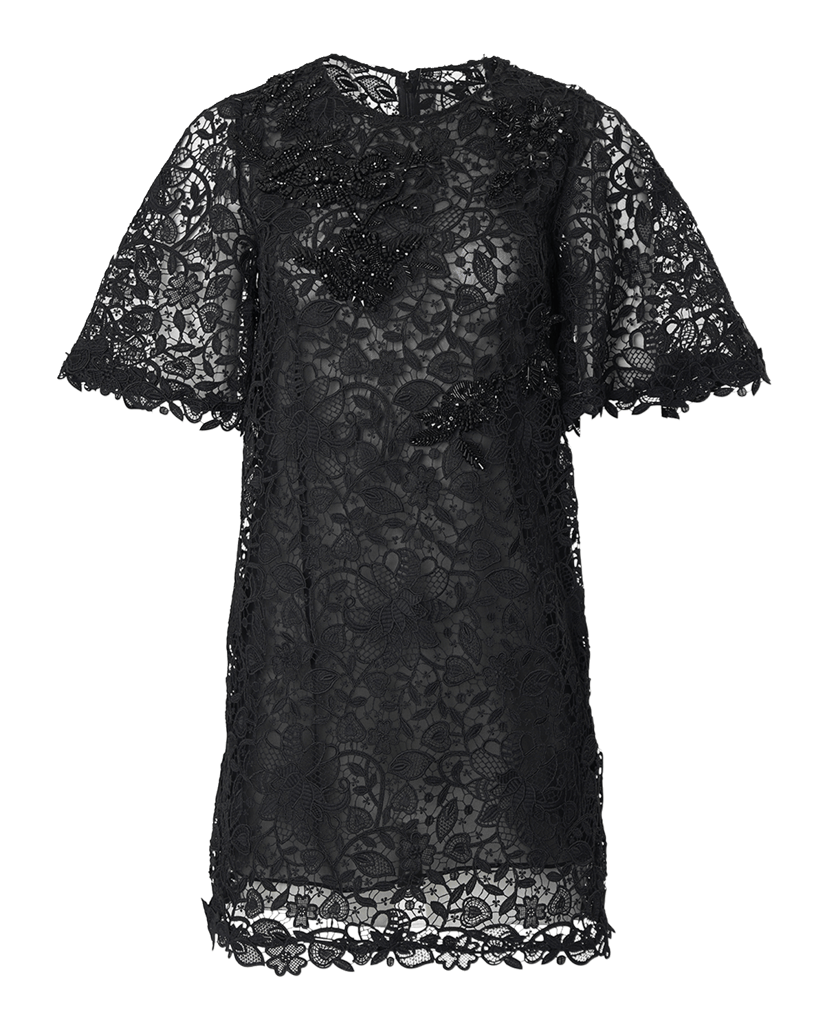 Carolina Herrera Beaded Flutter-Sleeve Lace Mini Shift Dress