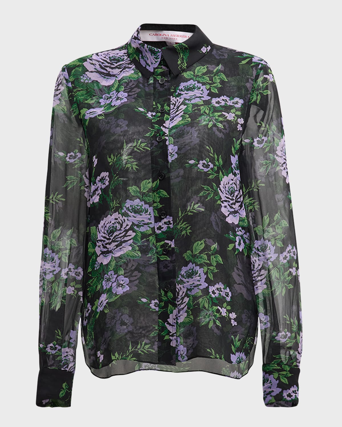 Carolina Herrera Floral-Print Collared Chiffon Silk Blouse