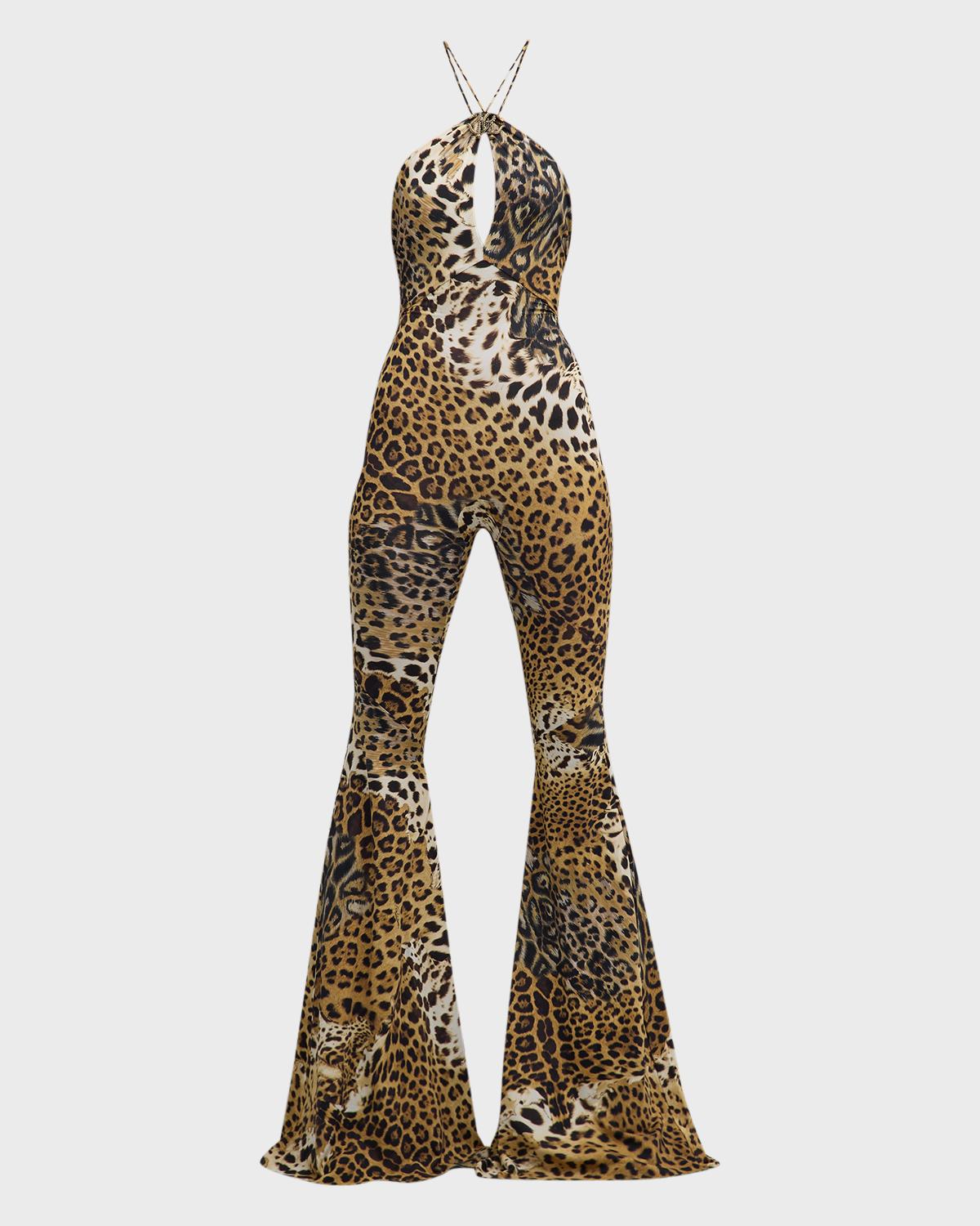Roberto Cavalli Leopard-Print Halter Flared Jumpsuit
