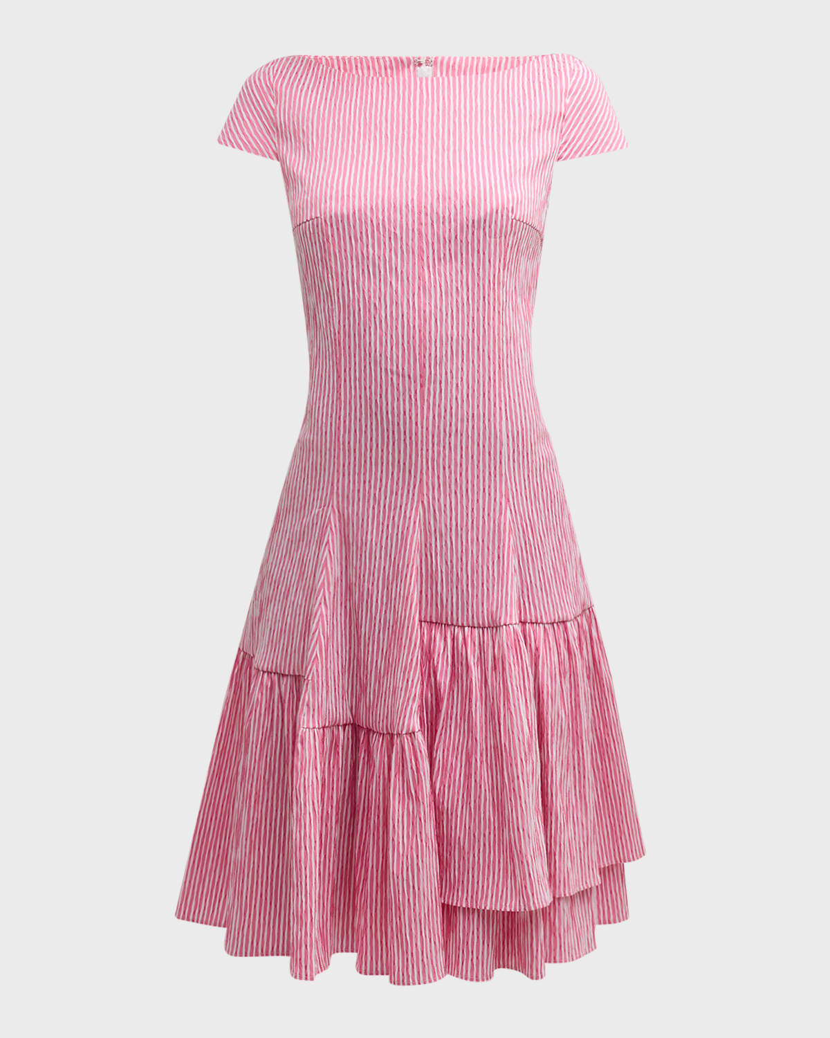 Talbot Runhof Seersucker Short-Sleeve Drop-Waist Ruffle Dress
