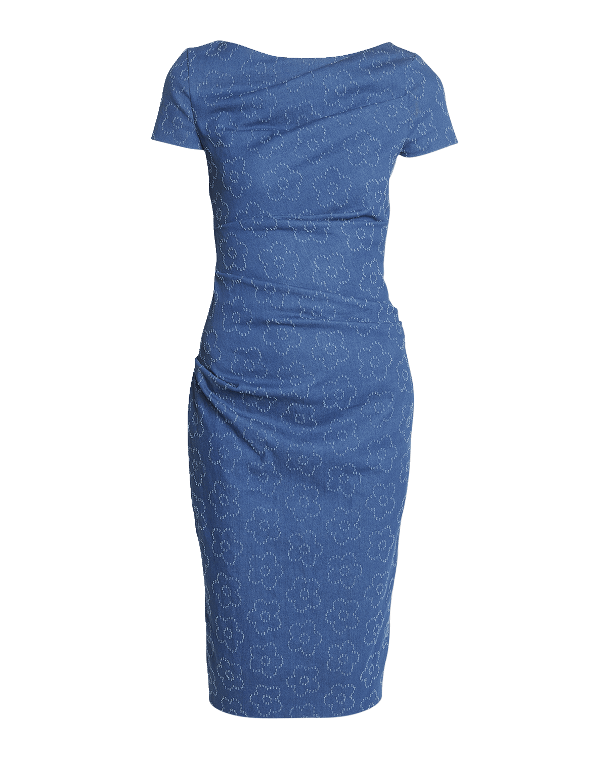 Talbot Runhof Flower Stitched Denim Cap-Sleeve Sheath Dress