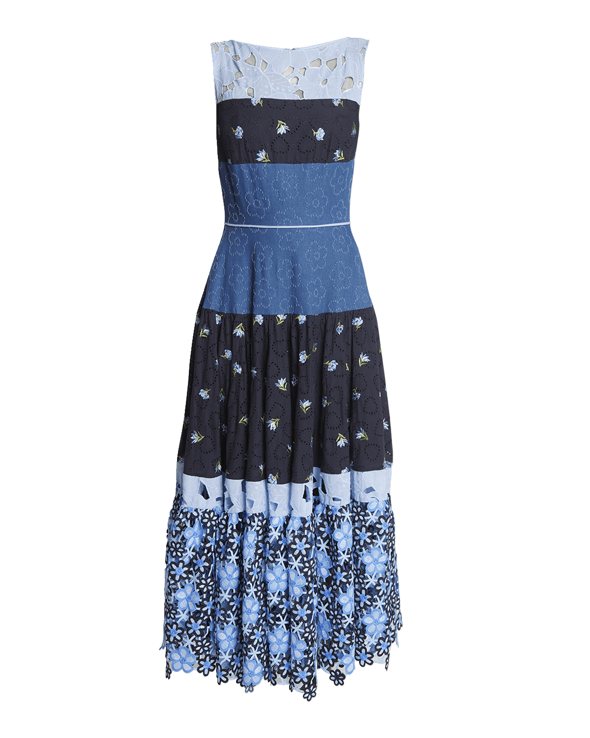 Talbot Runhof Flower Embroidered Patchwork Sleeveless Tea-Length Dress