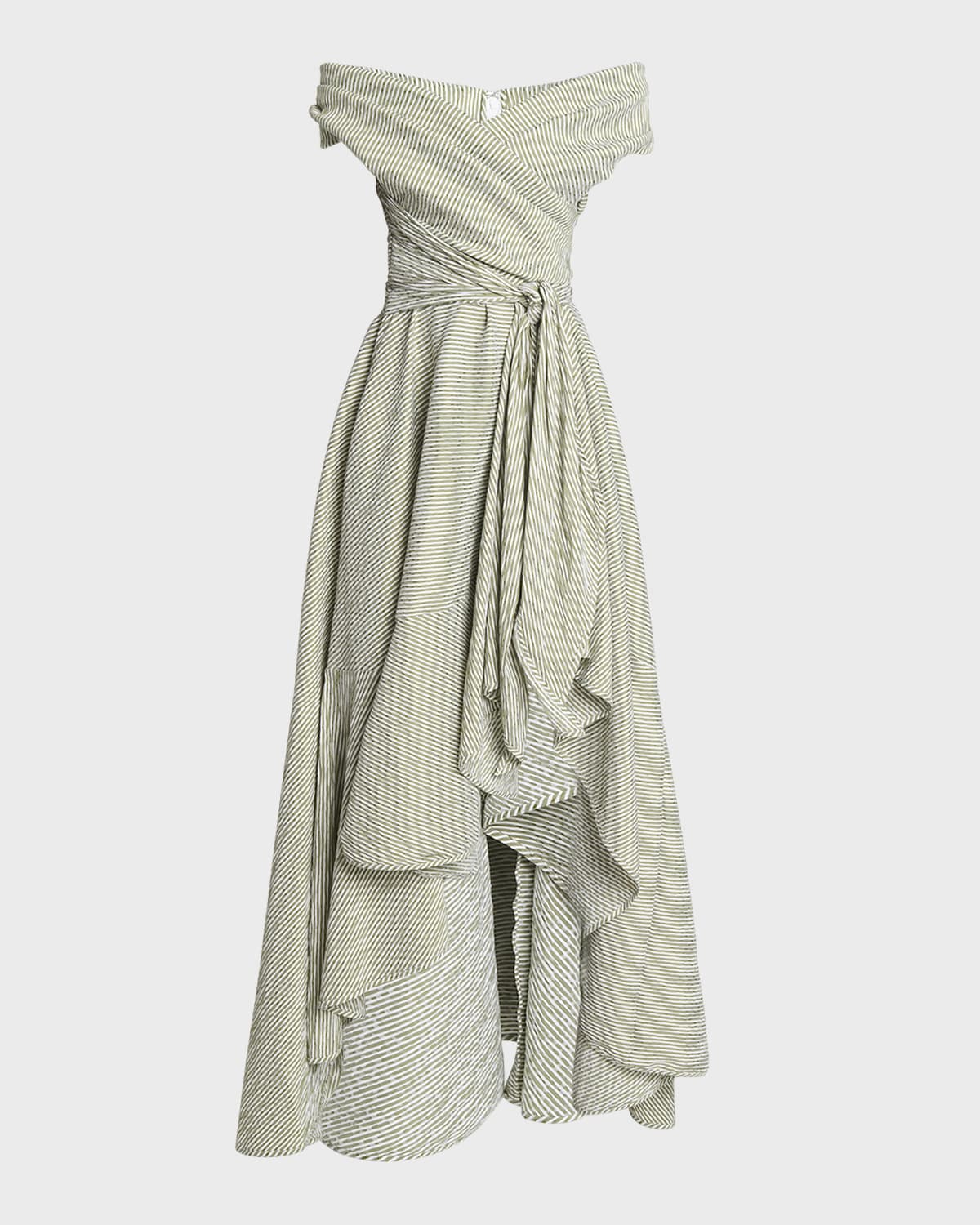 Talbot Runhof Seersucker Off-The-Shoulder Waist-Tie High-Low Dress