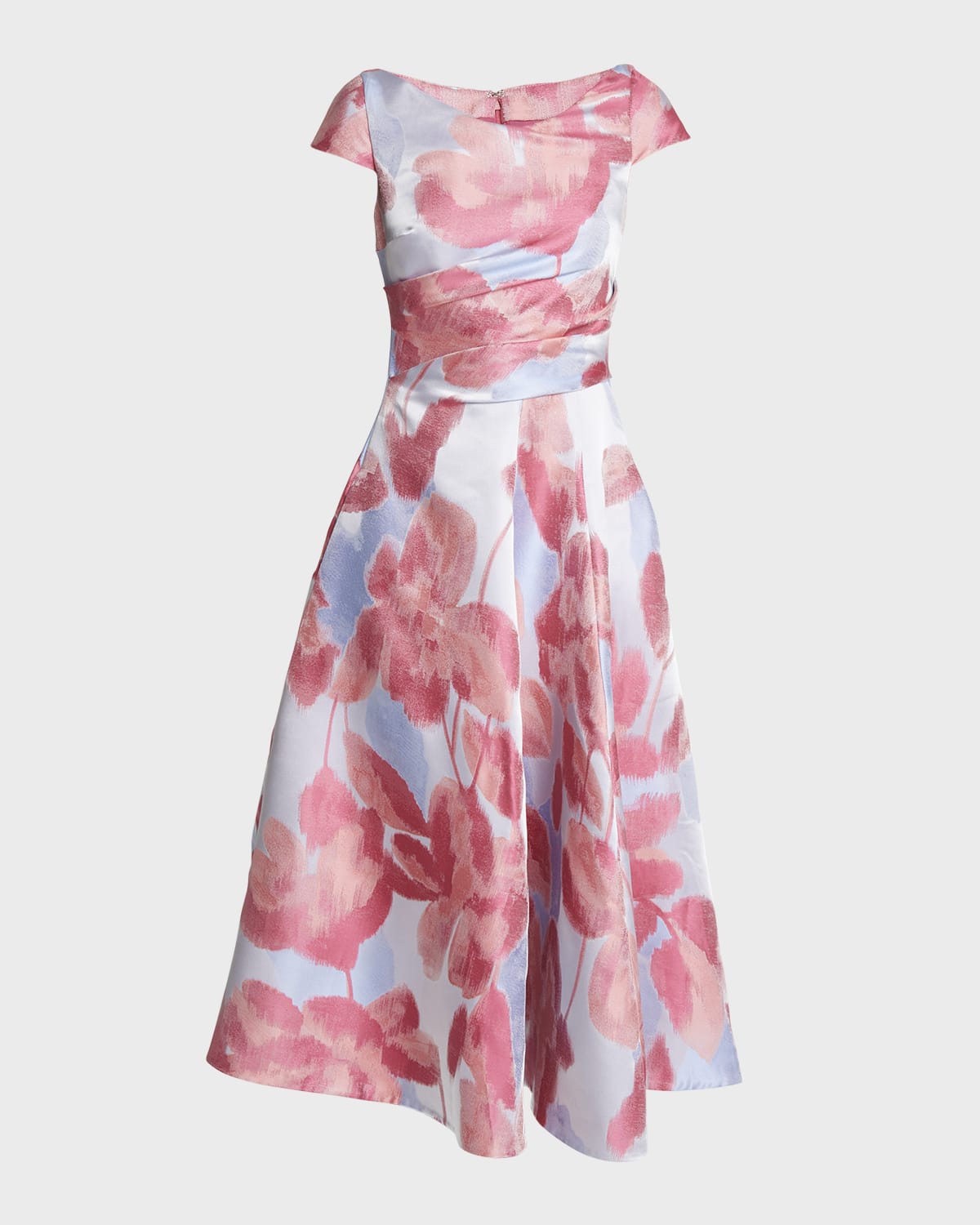 Talbot Runhof Floral Jacquard High-Neck Cap-Sleeve Midi Dress