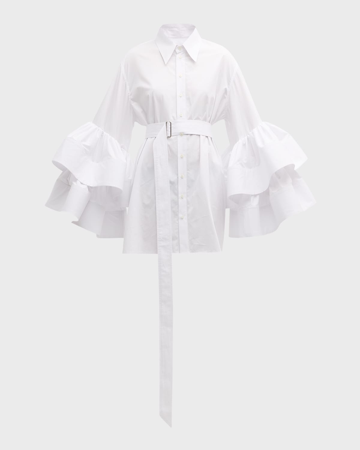 CHRISTOPHER JOHN ROGERS Belted Mini Shirtdress with Jumbo Ruffle Sleeves