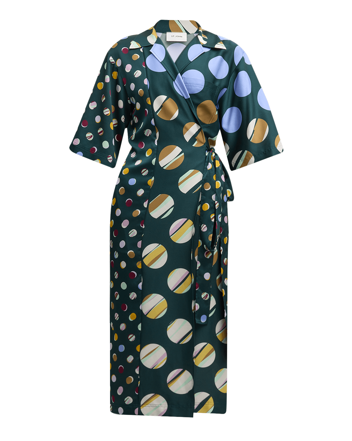 St. John Collage Dot 3/4-Sleeve Midi Wrap Dress