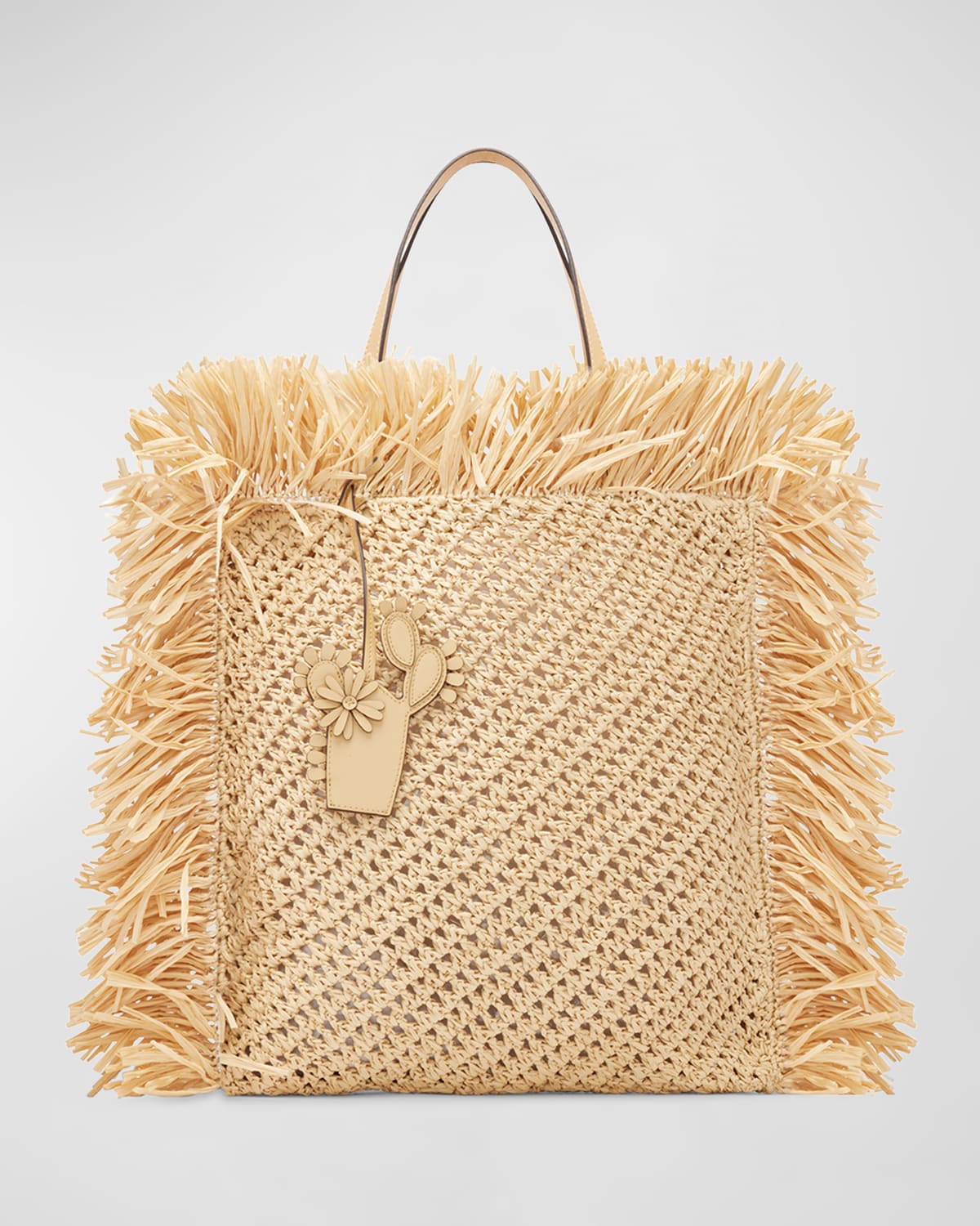 Oscar de la Renta Fringe Flat Square Raffia Tote Bag
