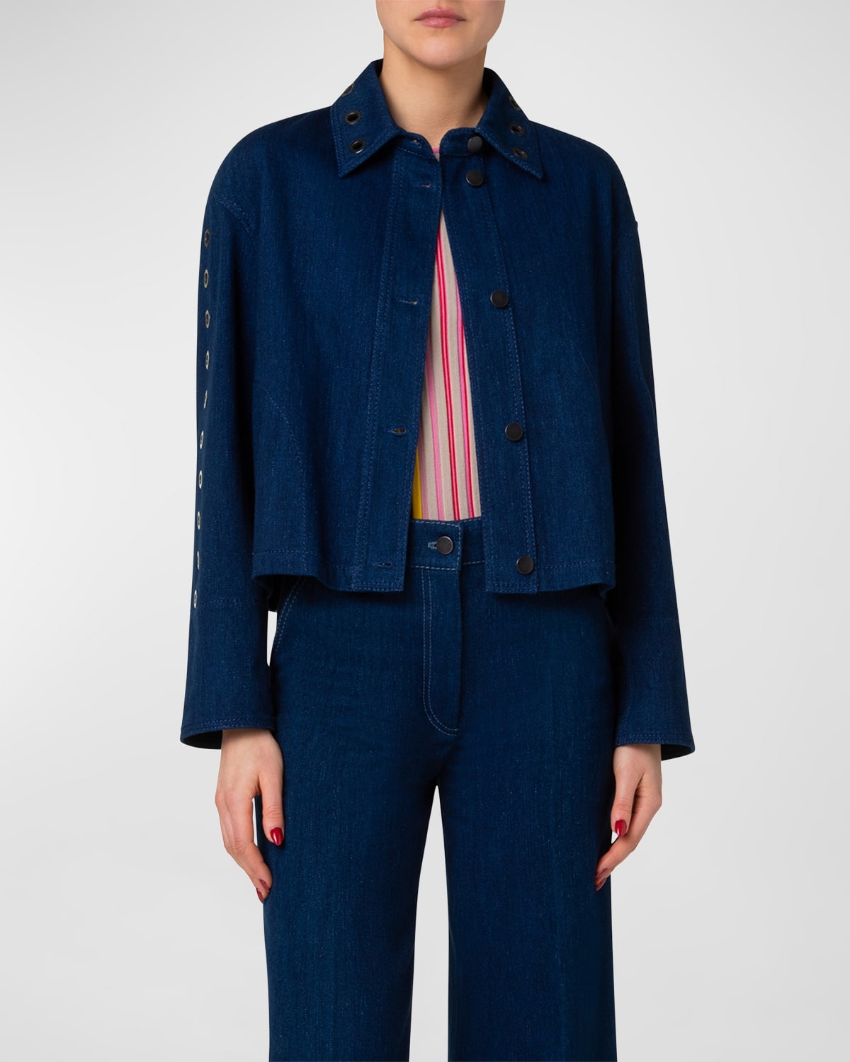 Akris punto Grommet Eyelet Embellished Cotton Denim Stretch A-Line Jacket