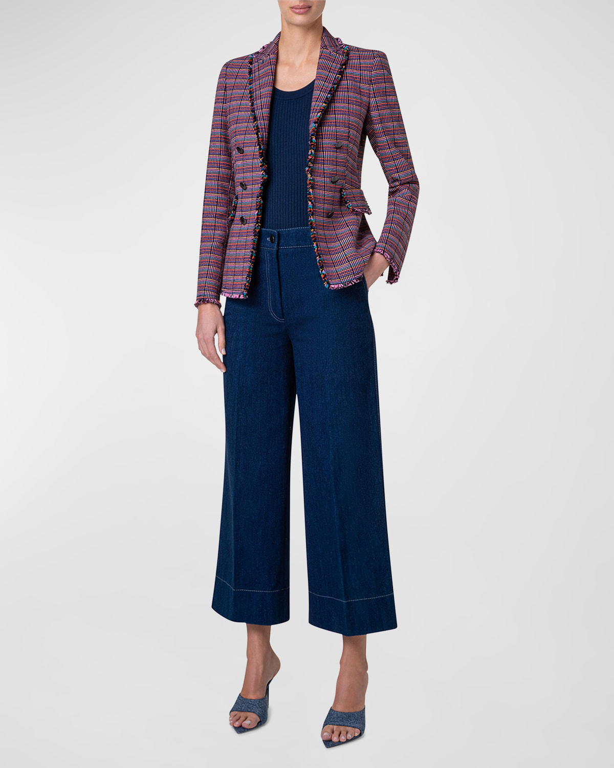 Akris punto Multicolor Grid Check Tweed Double-Breasted Illusion Jacket