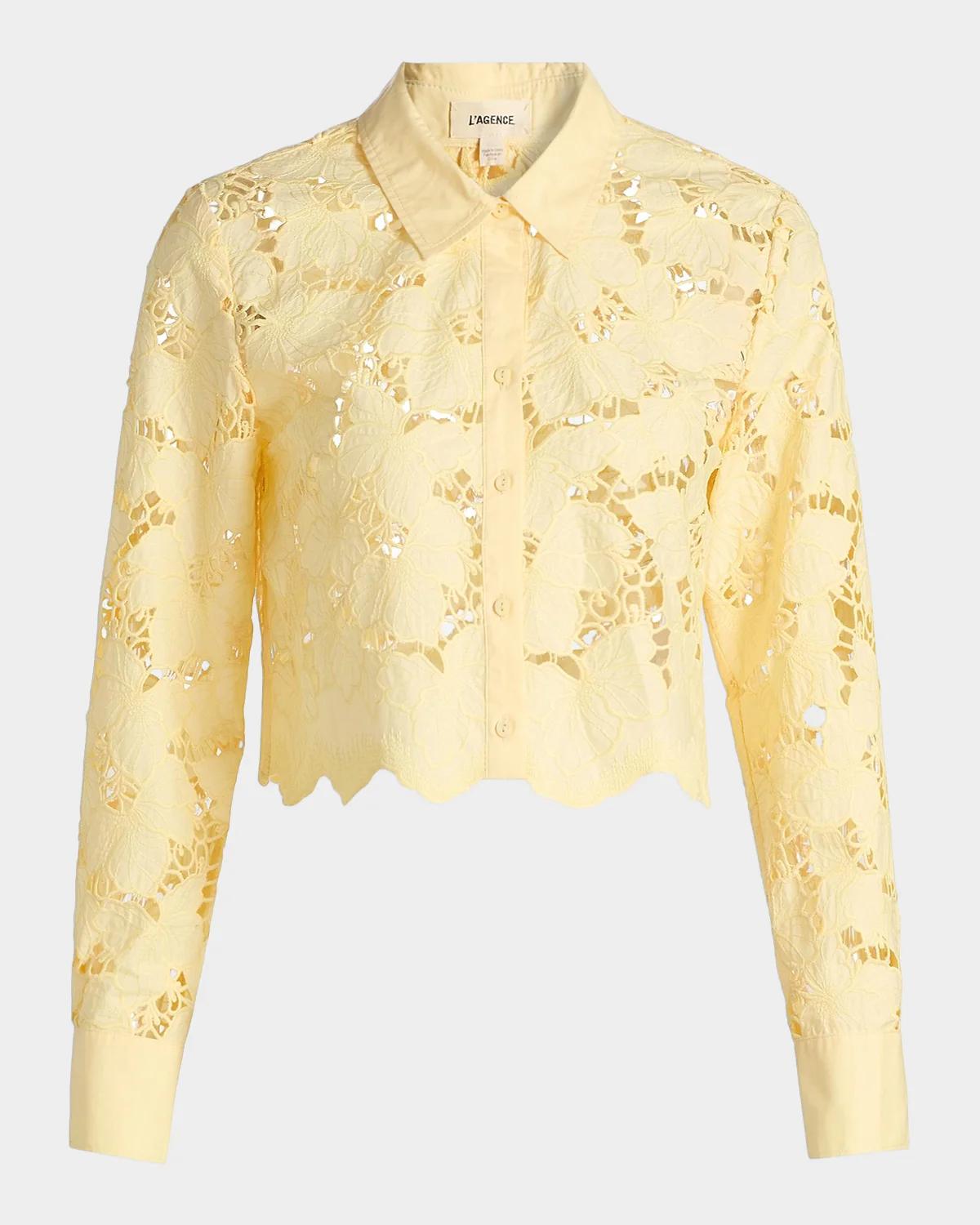 L 'AGENCE Seychelle Floral Eyelet-Embroidered Cropped Shirt
