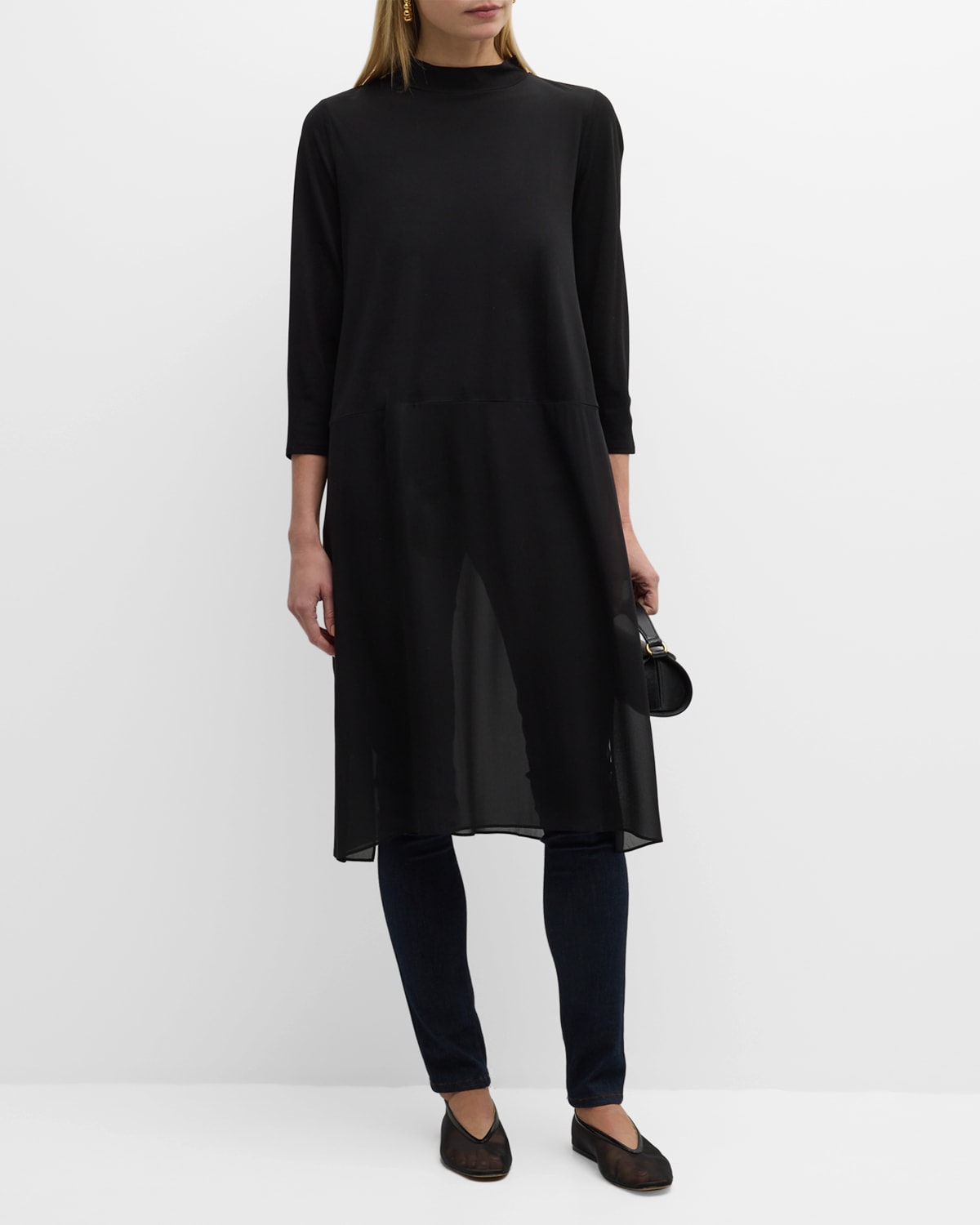 Eileen Fisher Mock-Neck 3/4-Sleeve Silk Jersey Tunic