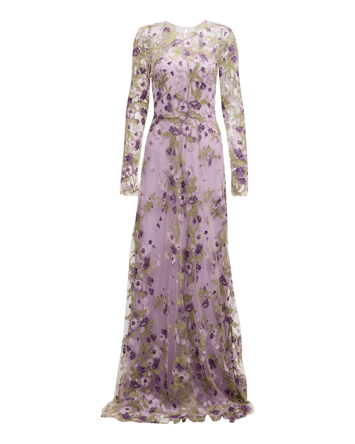Naeem Khan Embroidered Floral Gown with Sheer Overlay