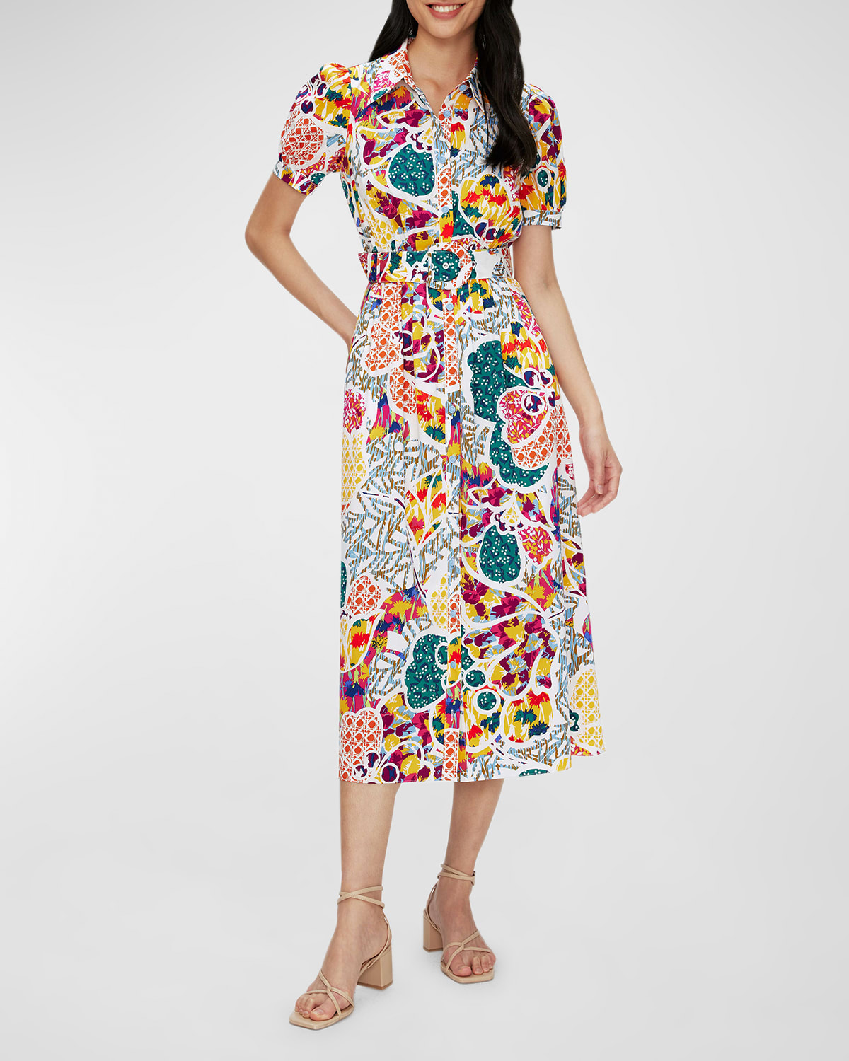 Diane von Furstenberg Paddy Puff-Sleeve Floral-Print Midi Shirtdress