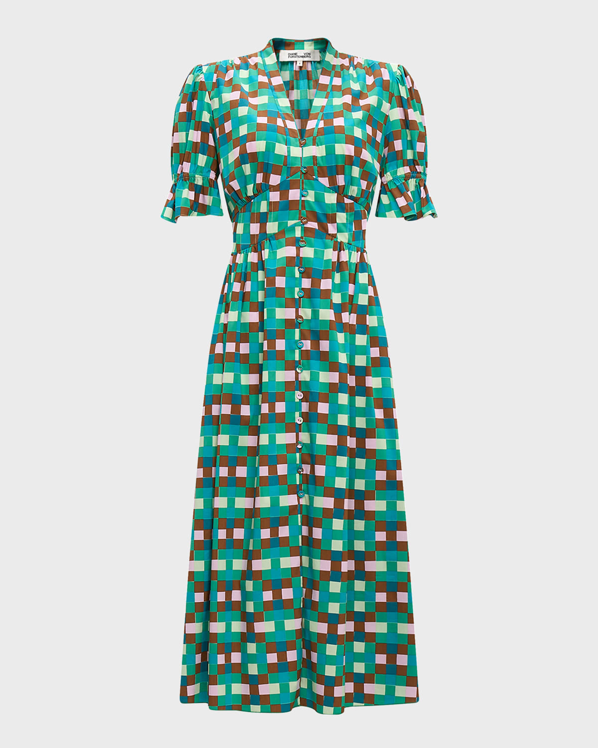 Diane von Furstenberg Erica Geometric-Print Puff-Sleeve Midi Dress