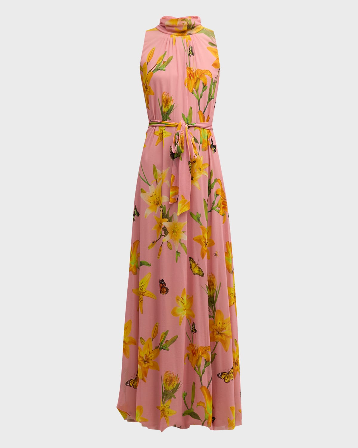 Fuzzi Floral-Print Turtleneck Tulle Maxi Dress