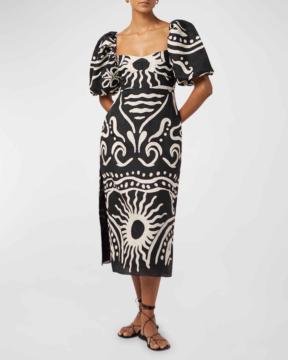 Cala de la Cruz Uti Linen Puff-Sleeve Midi Sheath Dress