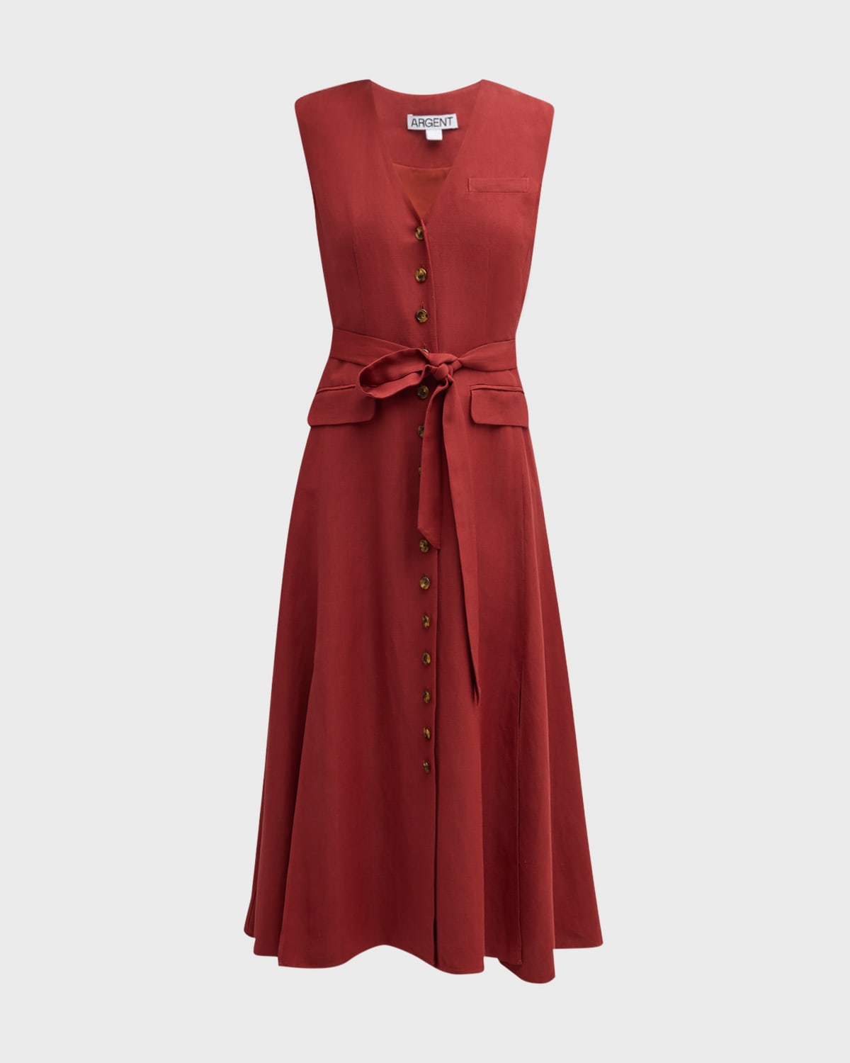 ARGENT Belted Button-Front Twill Vest Midi Dress