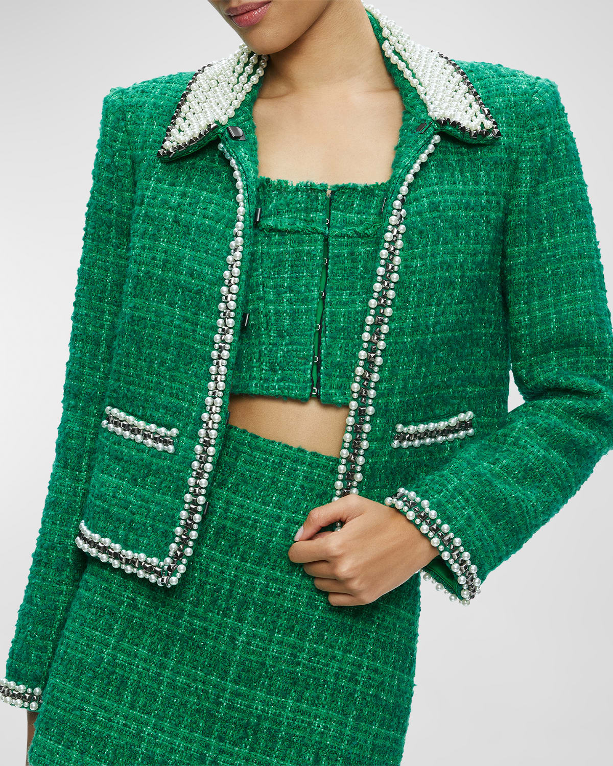 Alice + Olivia Kidman Embellished Metallic Tweed Jacket