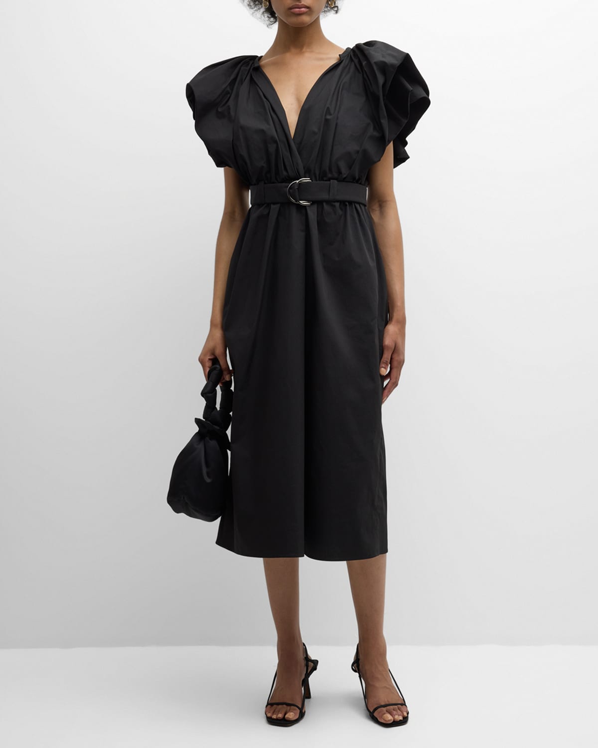 Mantu Belted Deep V-Neck Ruffle Midi Dress
