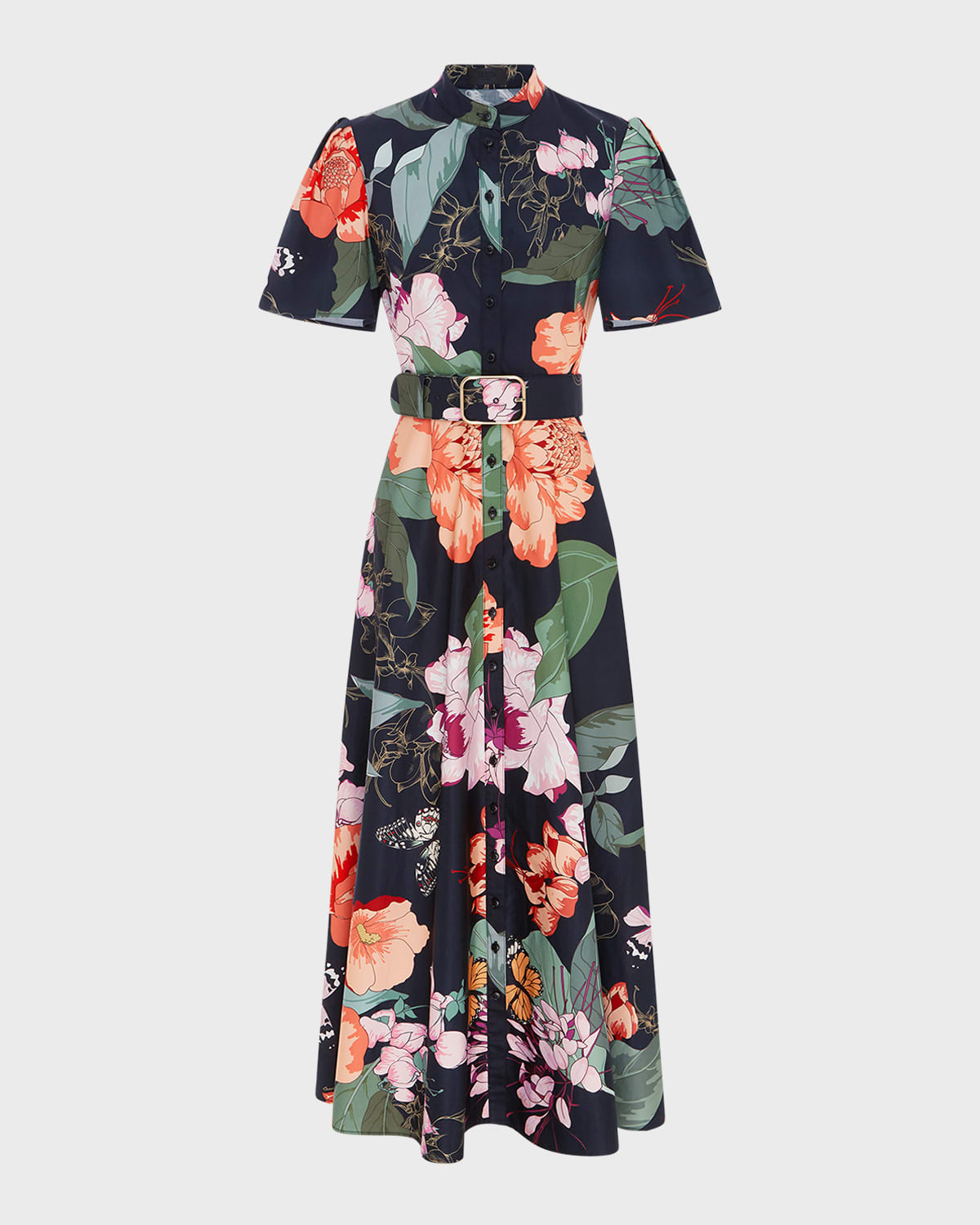 LEO LIN Bianca Short-Sleeve Belted Floral Cotton Midi Shirt Dress
