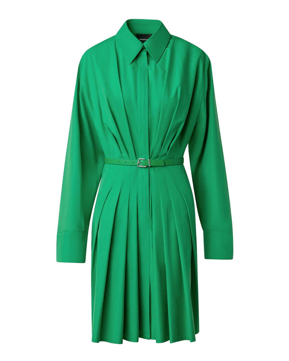 Akris Long-Sleeve Pleated Cotton Poplin Shirtdress With Belt