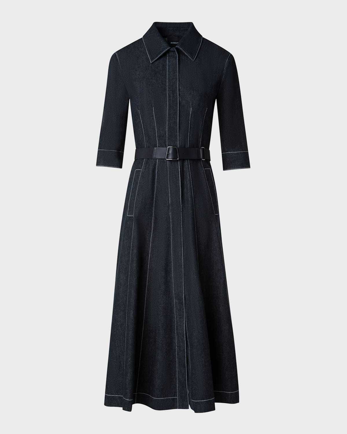 Akris Belted Cotton Denim Midi Dress with Contrast Stitching