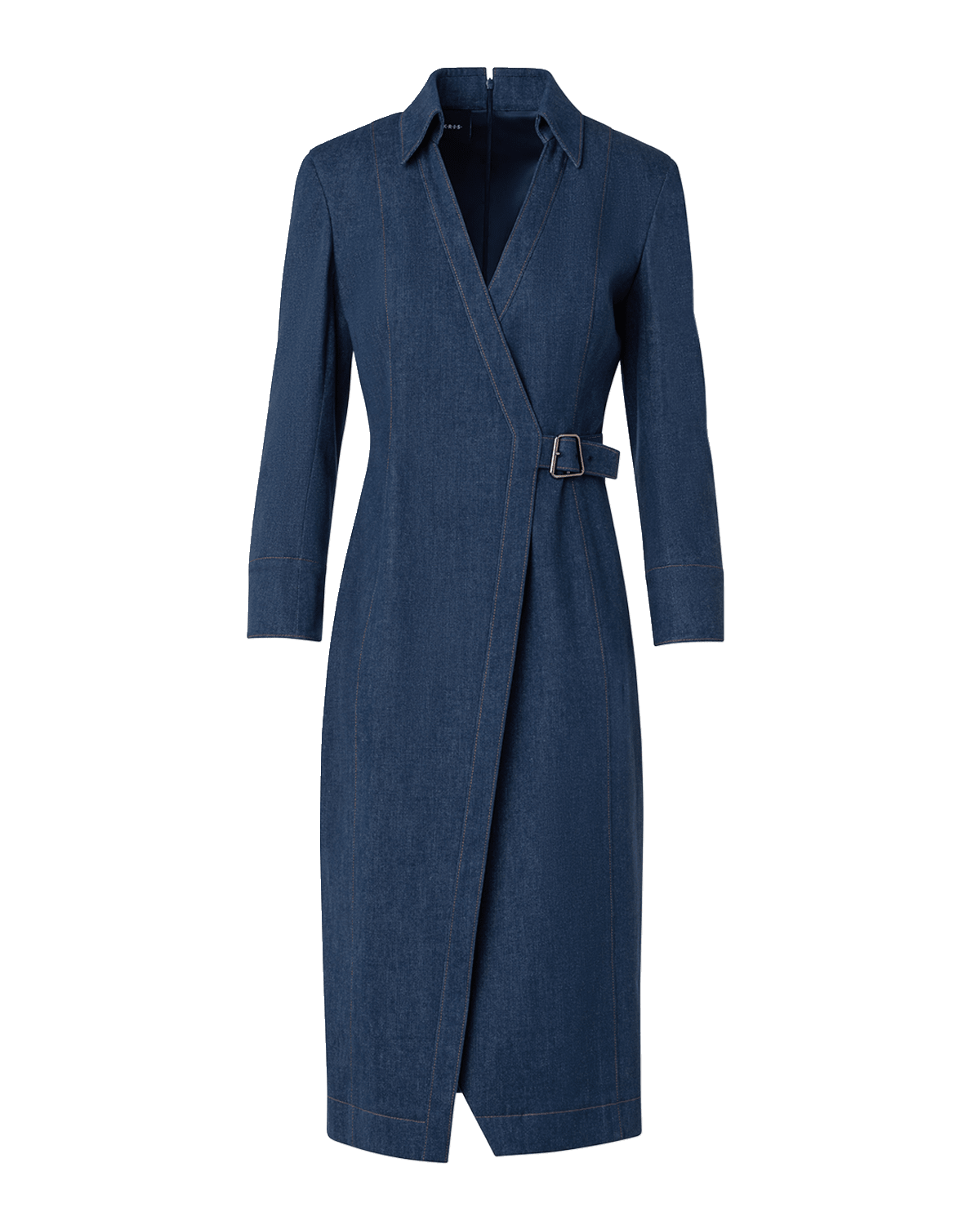Akris Trapezoid-Buckle Stretch Denim Wrap Shirtdress