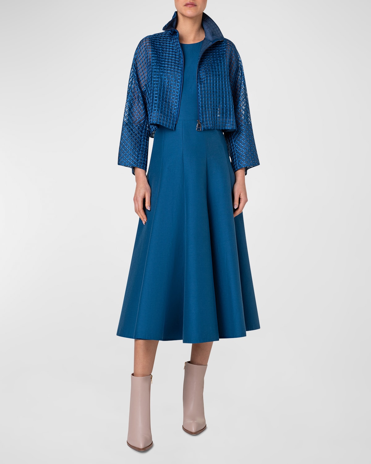 Akris Mimi Grid Embroidered Crop Zip Jacket