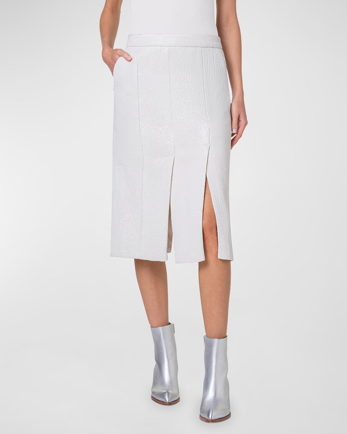 Akris Sequined Silk Chiffon A-Line Slits Midi Skirt