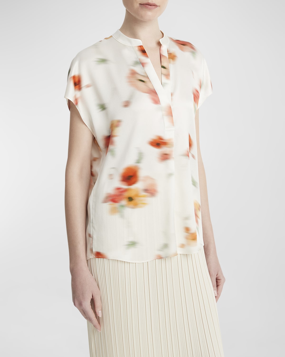 Vince Poppy Blur Band-Collar Popover Silk Blouse