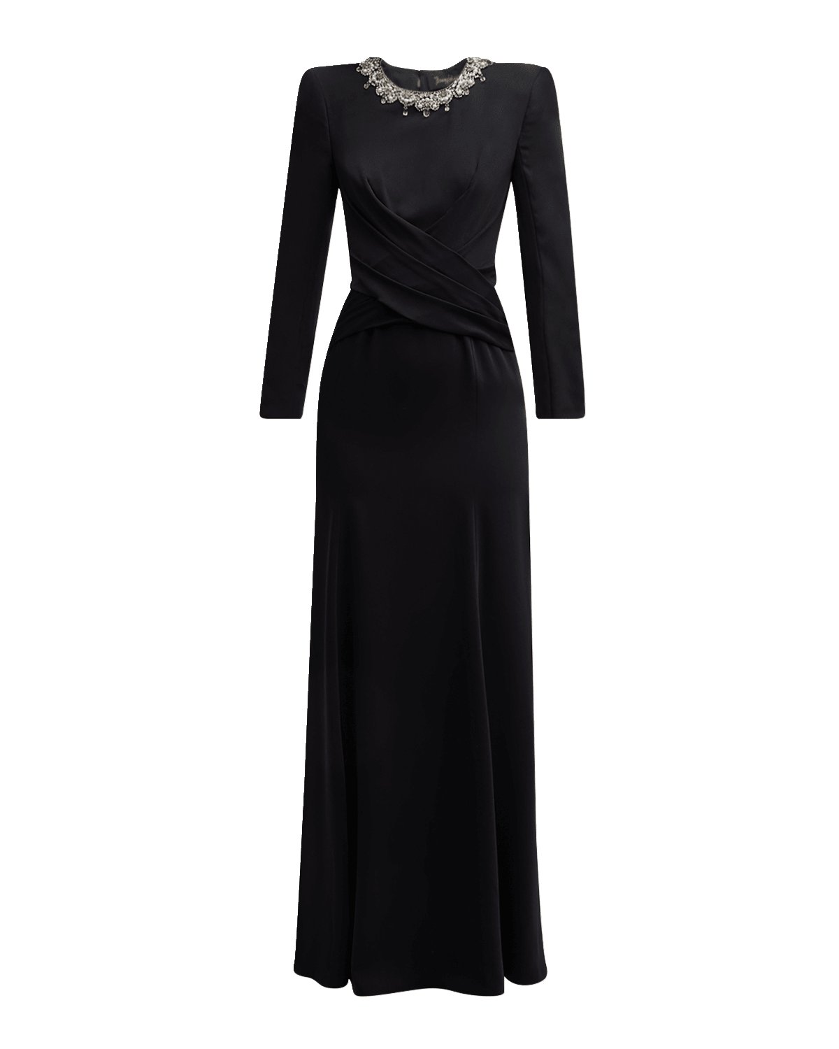 Jenny Packham Plaza Crystal Draped Strong-Shoulder Long-Sleeve Gown