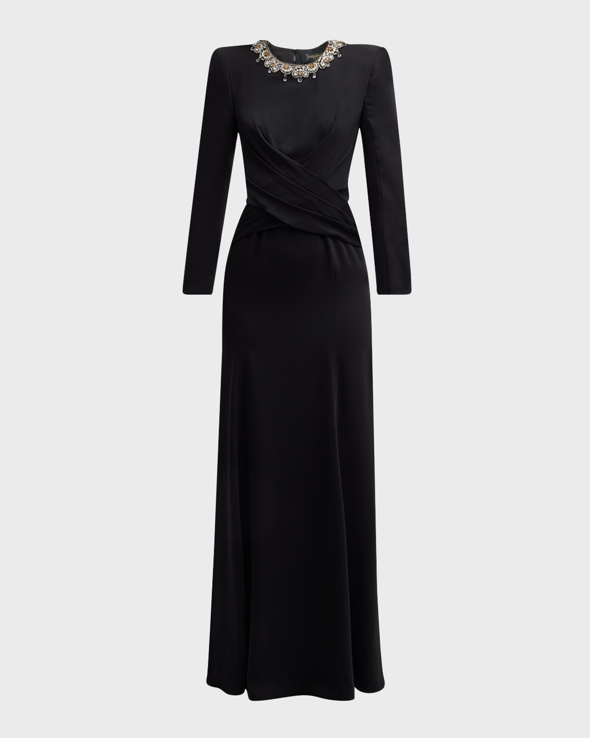 Jenny Packham Plaza Crystal Draped Strong-Shoulder Long-Sleeve Gown