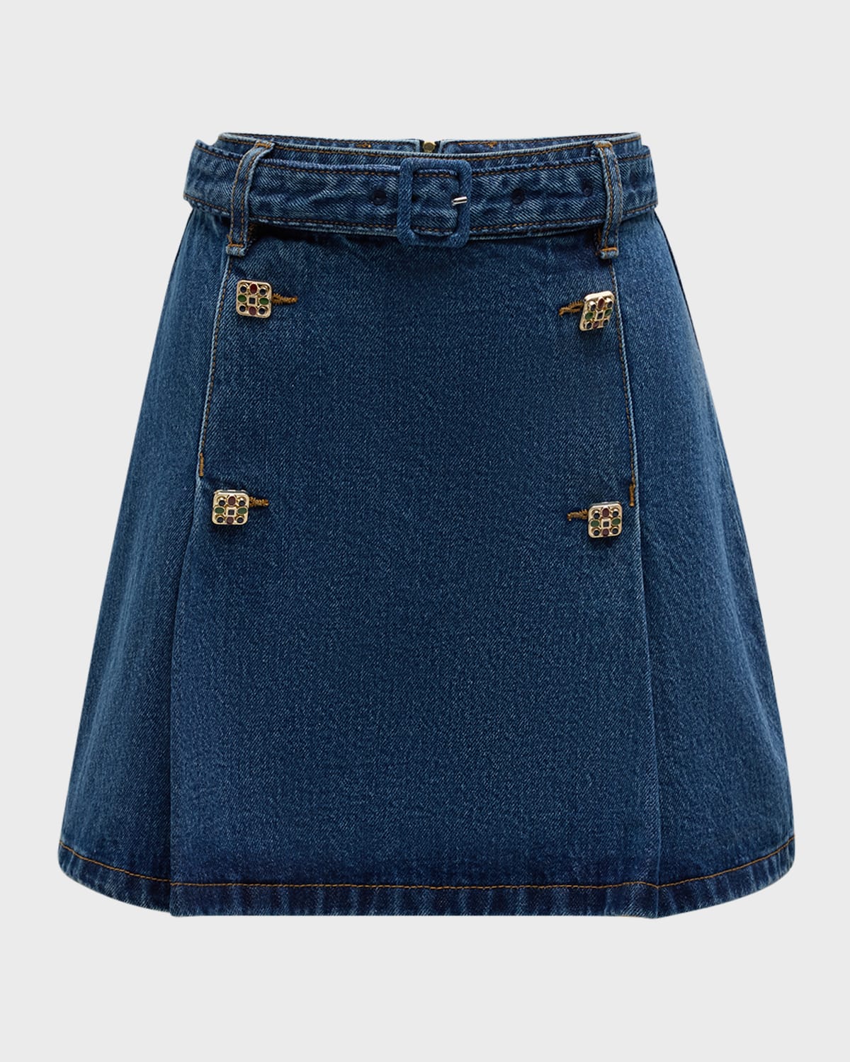 Self-Portrait Belted Denim A-Line Mini Skirt