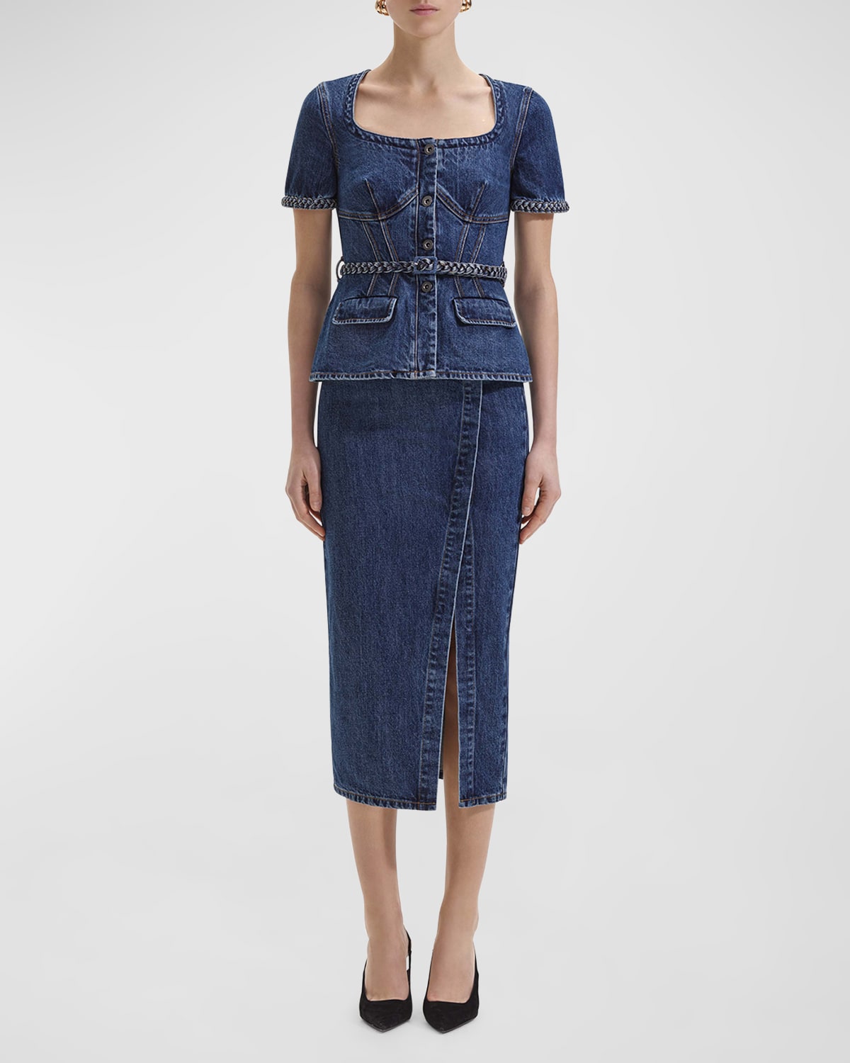 Self-Portrait Belted Square-Neck Denim Midi Dress