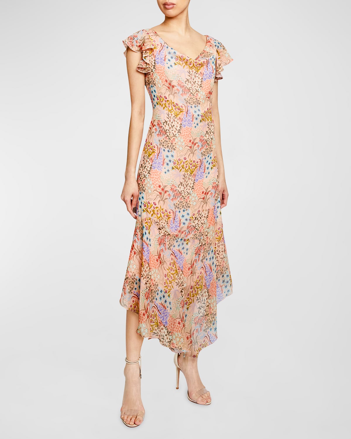 Santorelli Laurel Floral-Print Flutter-Sleeve Midi Dress