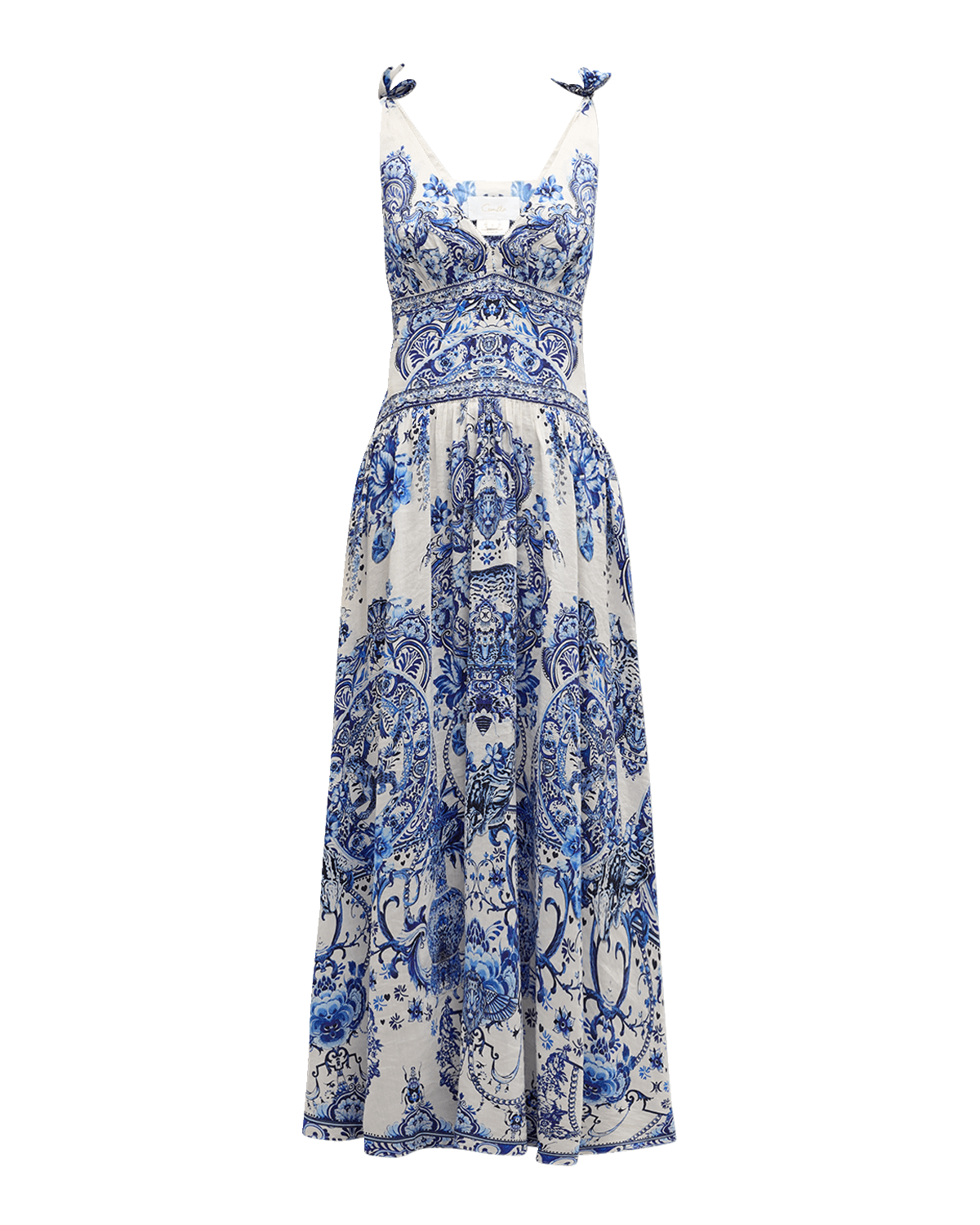 Camilla Floral Linen Silk Tie-Shoulder Maxi Dress