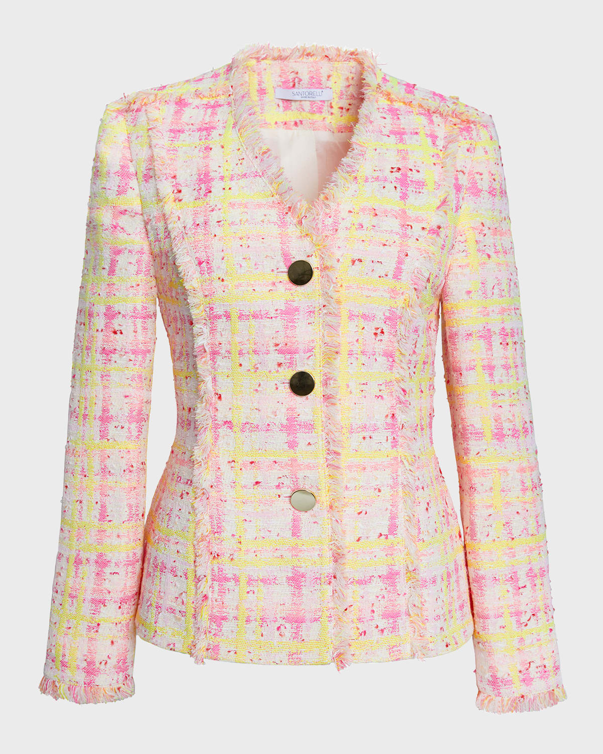 Santorelli Georgia Fringe-Trim Plaid Tweed Jacket