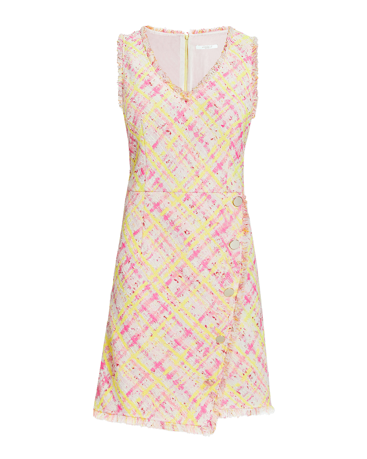 Santorelli Elia Sleeveless Fringe-Trim Tweed Midi Dress