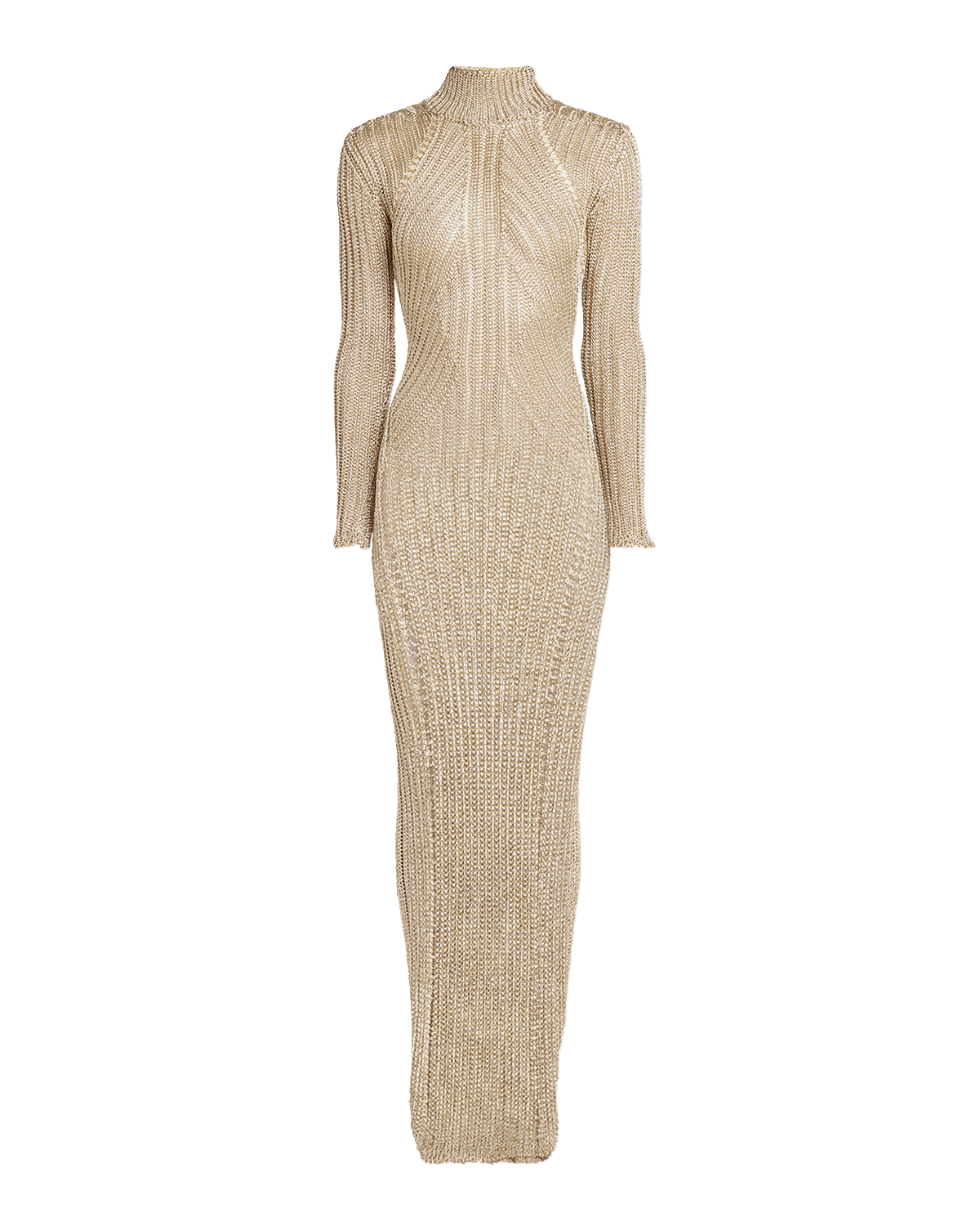 TOM FORD Metallic Knit Turtleneck Long-Sleeve Open-Back Maxi Gown