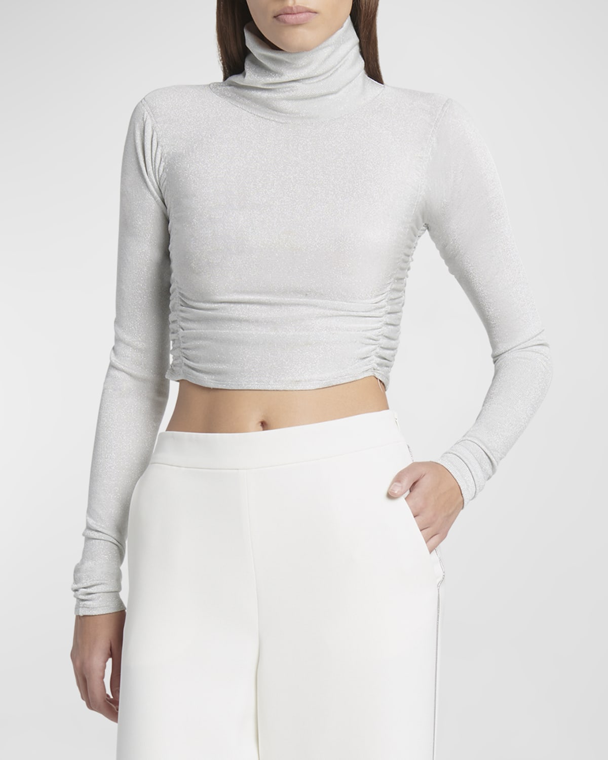 Giorgio Armani Metallic Jersey Ruched Crop Turtleneck