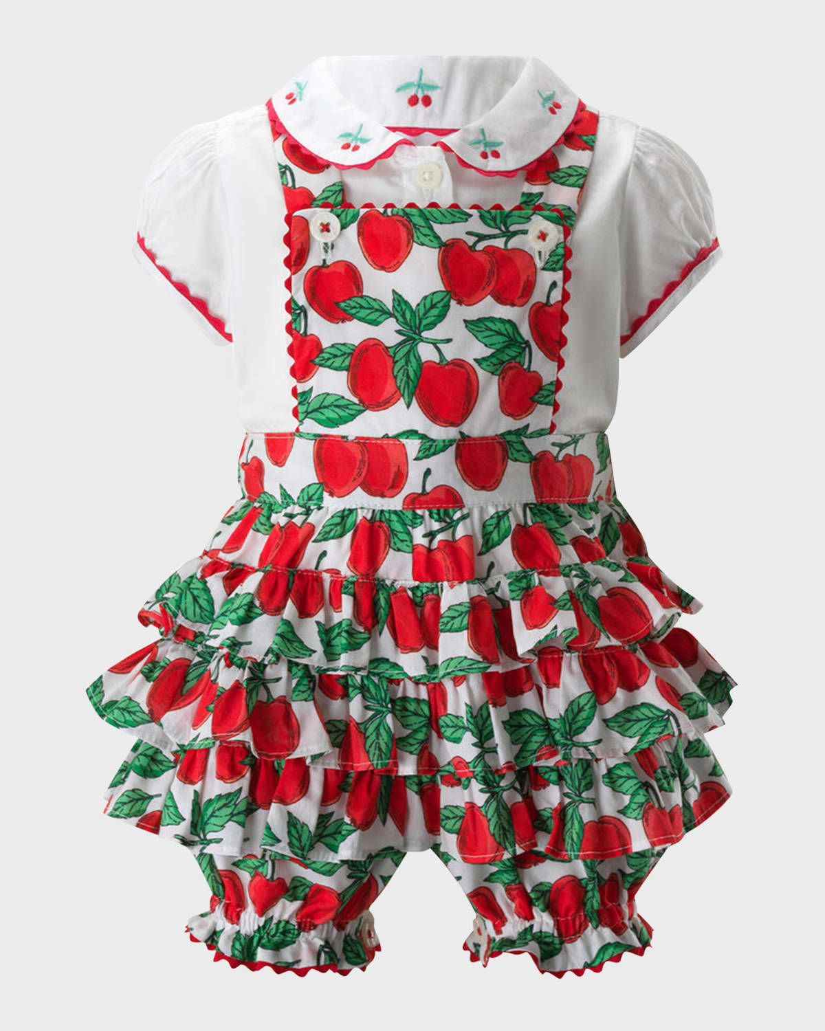 Rachel Riley Girl's Cherry Ruffle Dungarees and Shirt Set, Size 6M-24M