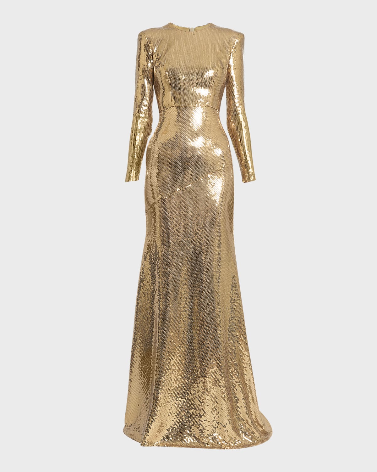 Alex Perry Sequined Strong-Shoulder Long-Sleeve Paneled Gown