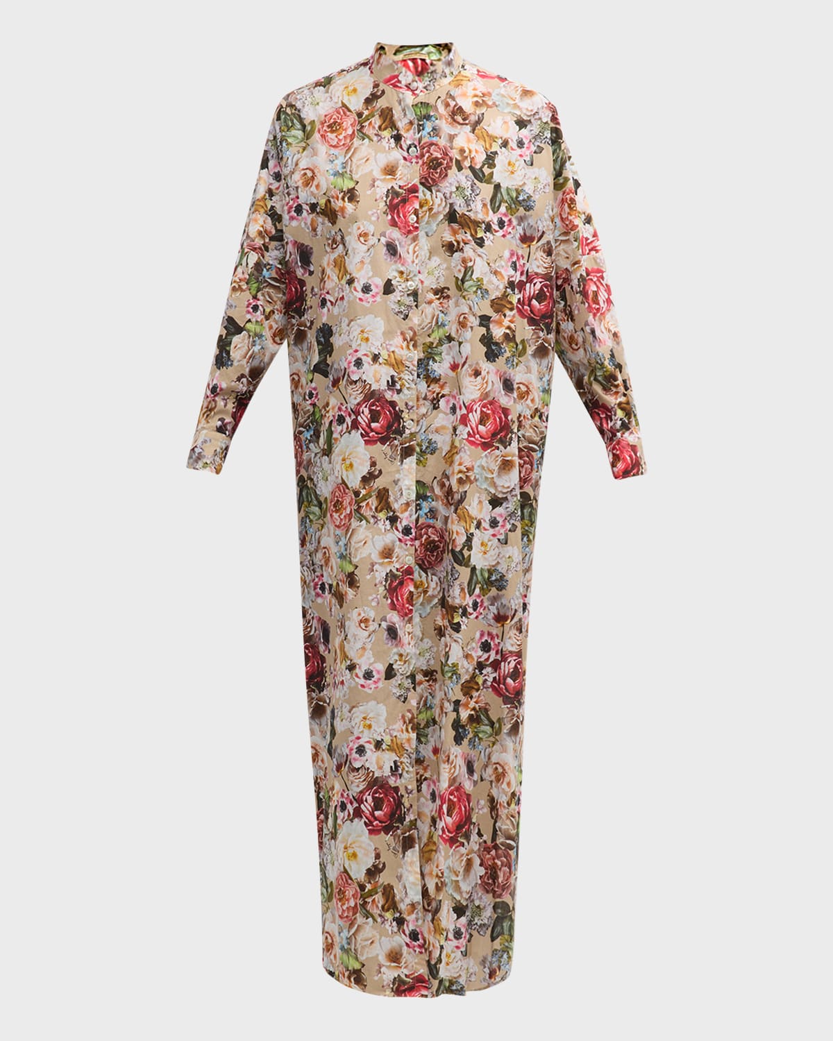 Adam Lippes Band-Collar Flower-Print Voile Long-Sleeve Maxi Caftan Dress