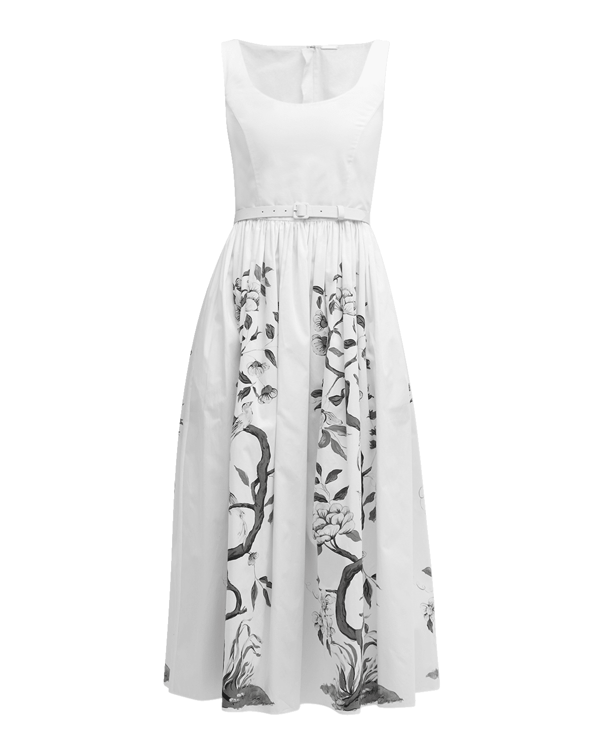 Adam Lippes Scoop-Neck Flower Branch-Print Belted Poplin Midi Dress
