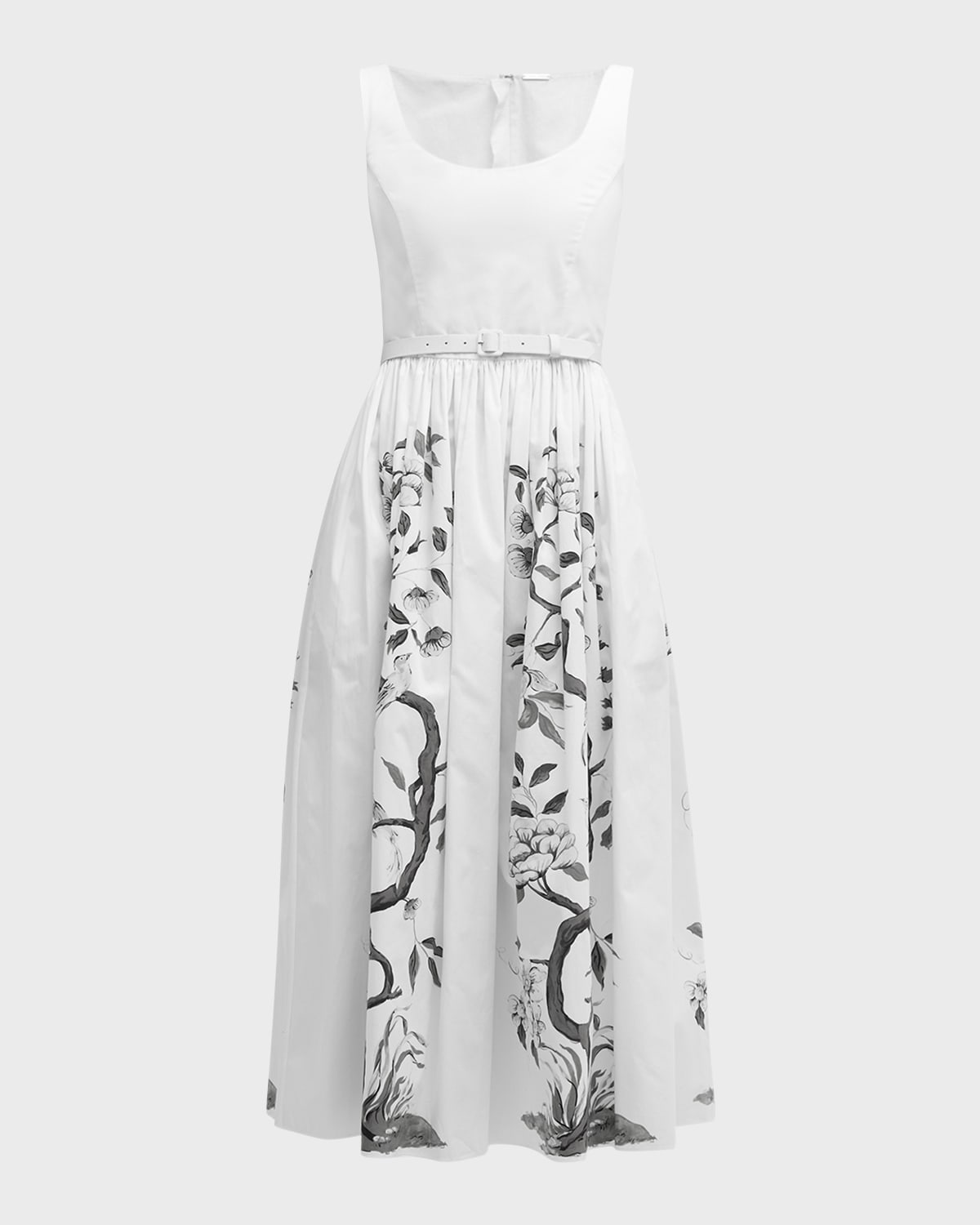 Adam Lippes Scoop-Neck Flower Branch-Print Belted Poplin Midi Dress