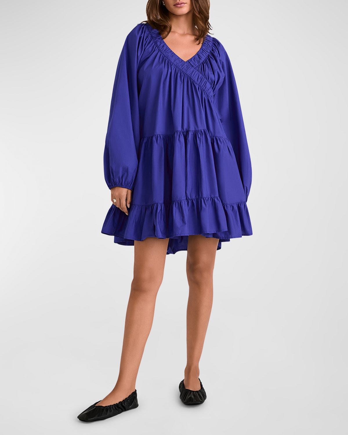 Merlette Dawn Tiered Blouson-Sleeve Poplin Mini Dress