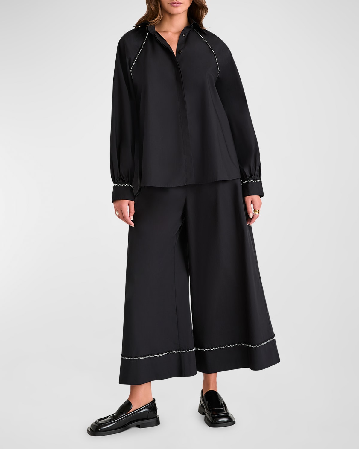 Merlette Tiana Beaded Button-Down Cotton Poplin Top